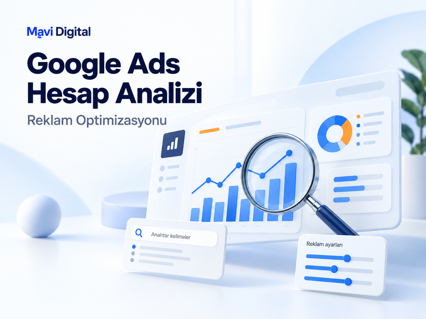 Google Ads hesap analizi ve reklam optimizasyonunu temsil eden performans grafikleri, büyüteç ve anahtar kelime paneli.
