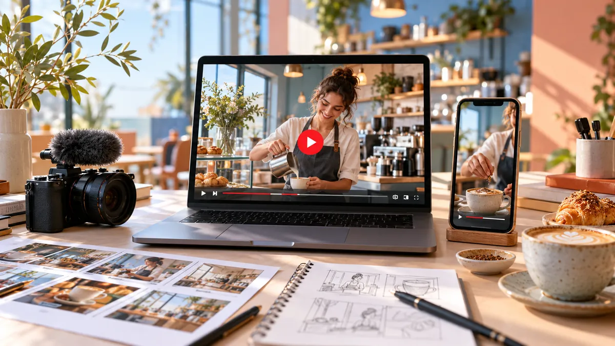 YouTube reklam verme hazırlığı için dizüstü bilgisayar ve telefonda kafe tanıtım videosu, kamera ve çekim taslakları
