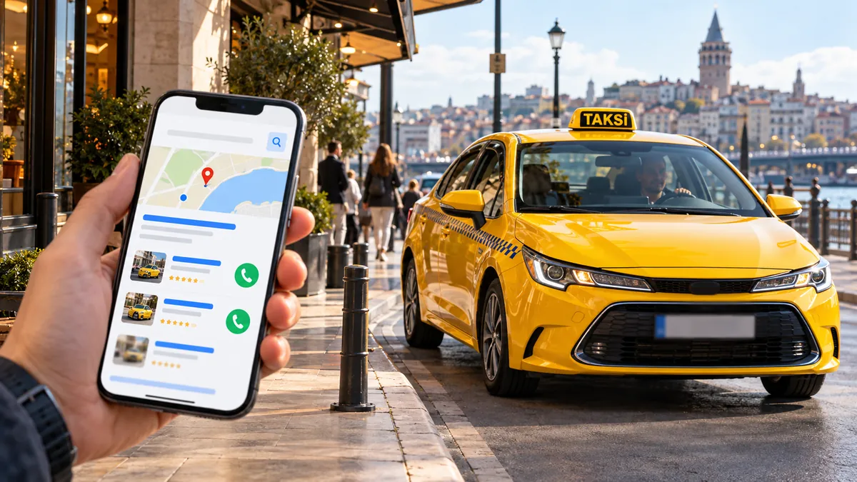 Taksi Google reklamlarını temsil eden telefonda yerel arama ekranı ve şehir içinde sarı taksi