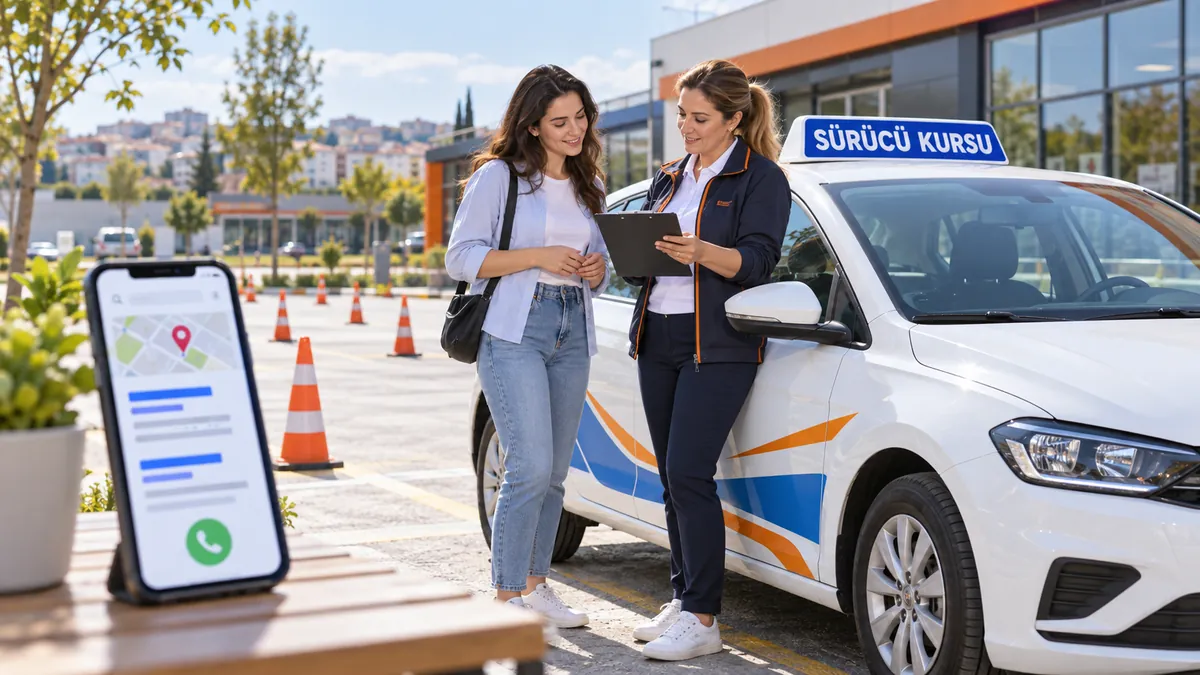 Sürücü kursu Google Ads tanıtımını temsil eden yerel arama ekranı, eğitim aracı, yetişkin kursiyer ve eğitmen