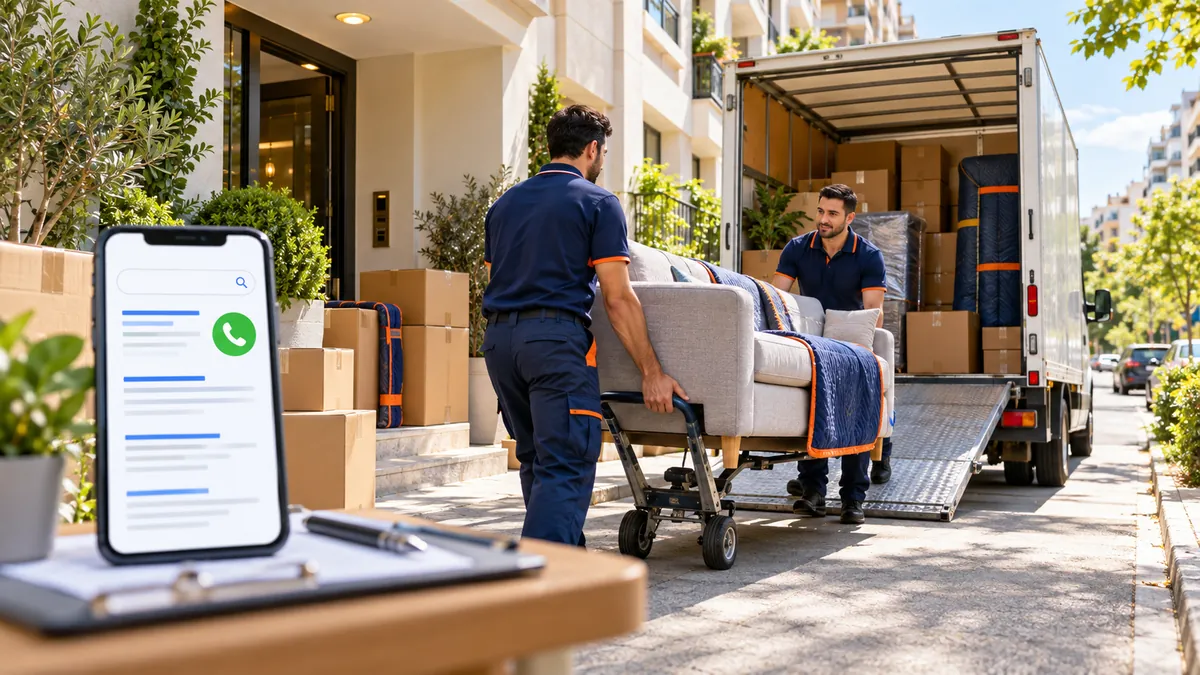 Nakliyat Google reklamlarını temsil eden telefon arama ekranı, paketlenmiş ev eşyaları ve nakliye aracına yükleme yapan ekip