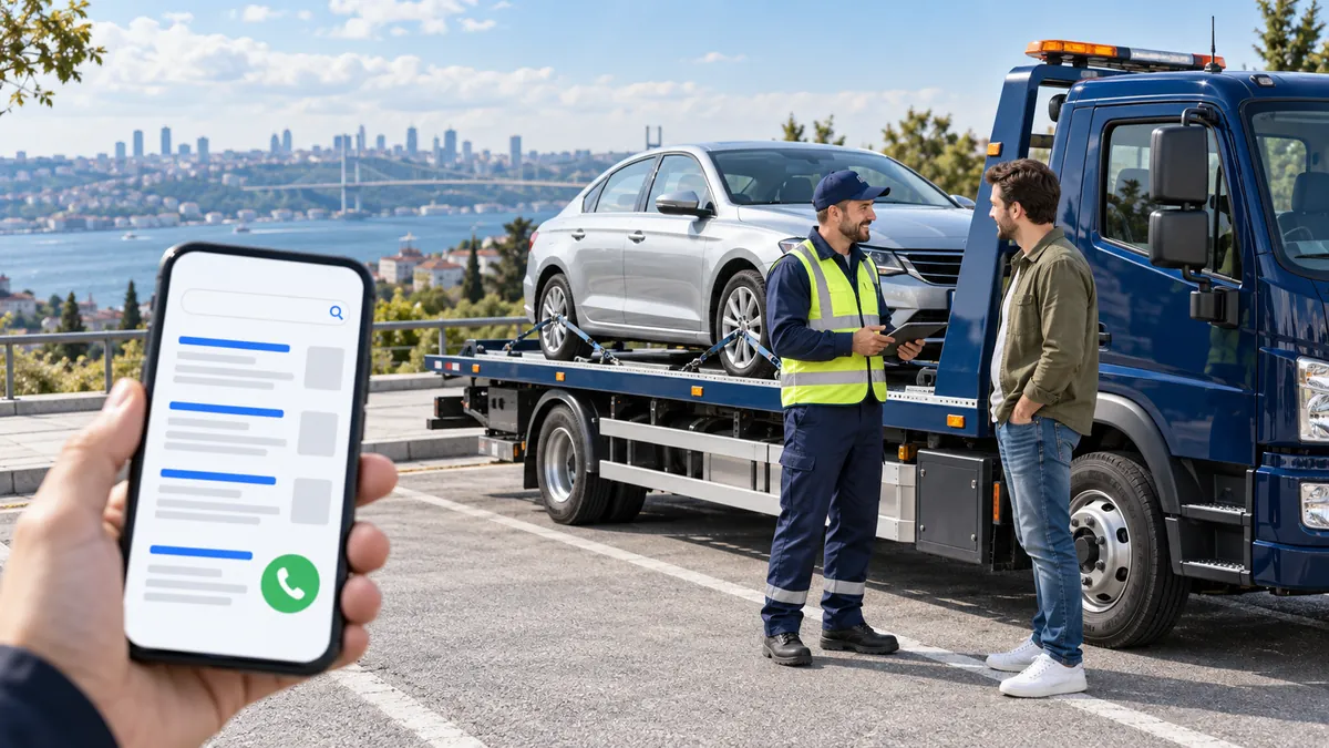 Oto çekici reklamlarını temsil eden telefon ekranı, araç taşıyan çekici ve müşteriyle görüşen sürücü