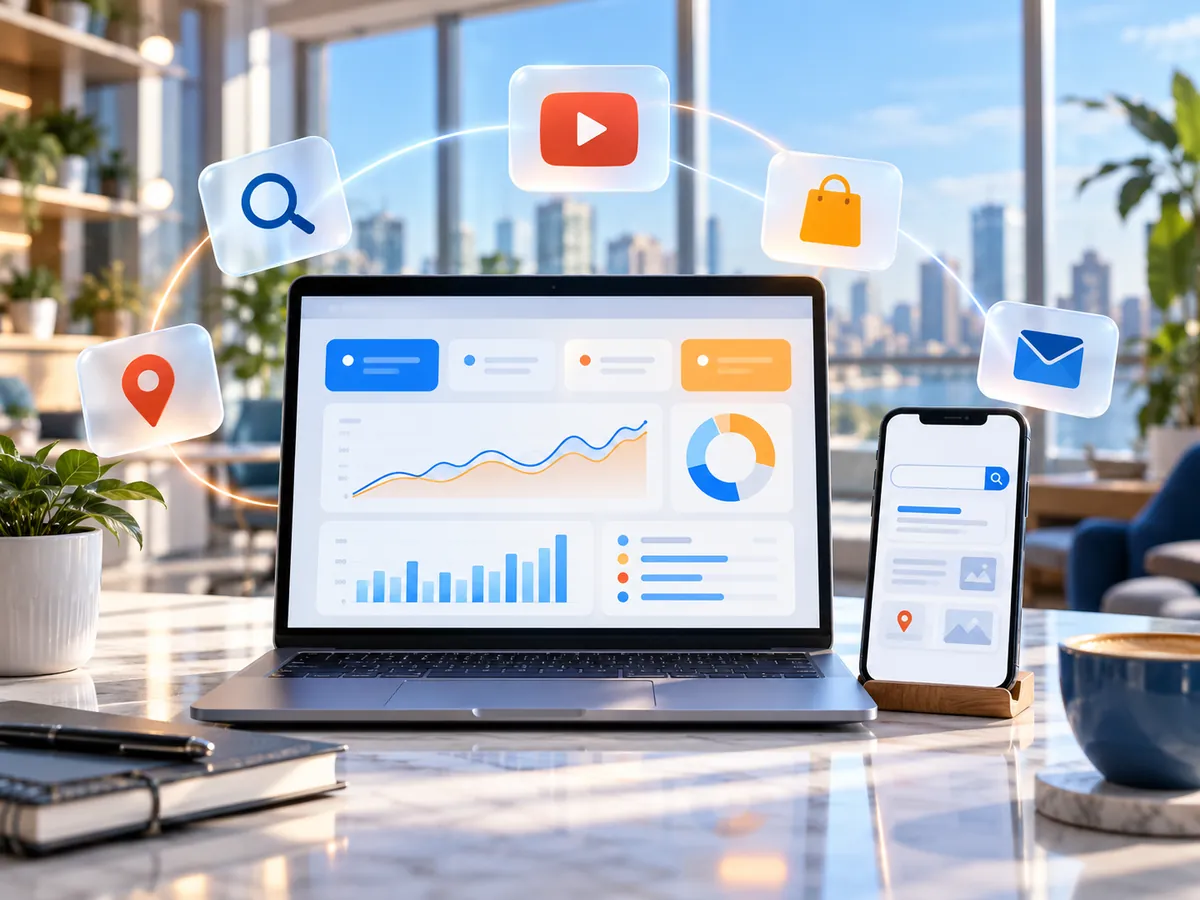 Performance Max reklam yönetimini temsil eden dizüstü bilgisayar, telefon ve arama, video, alışveriş, harita ve e-posta simgeleri