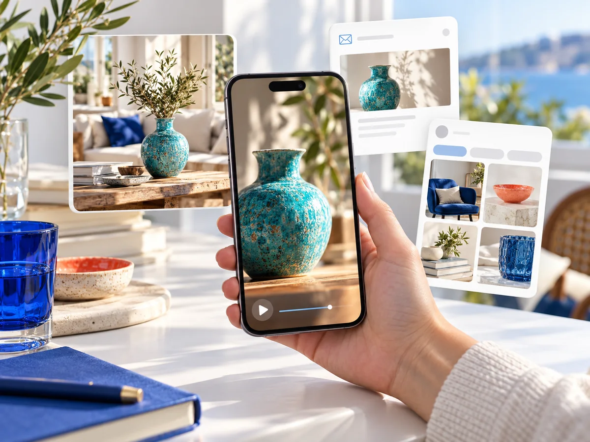 Telefonda ürün videosu izleyen kişinin çevresinde görsel keşif ve e-posta içerikleriyle temsil edilen Demand Gen reklamları