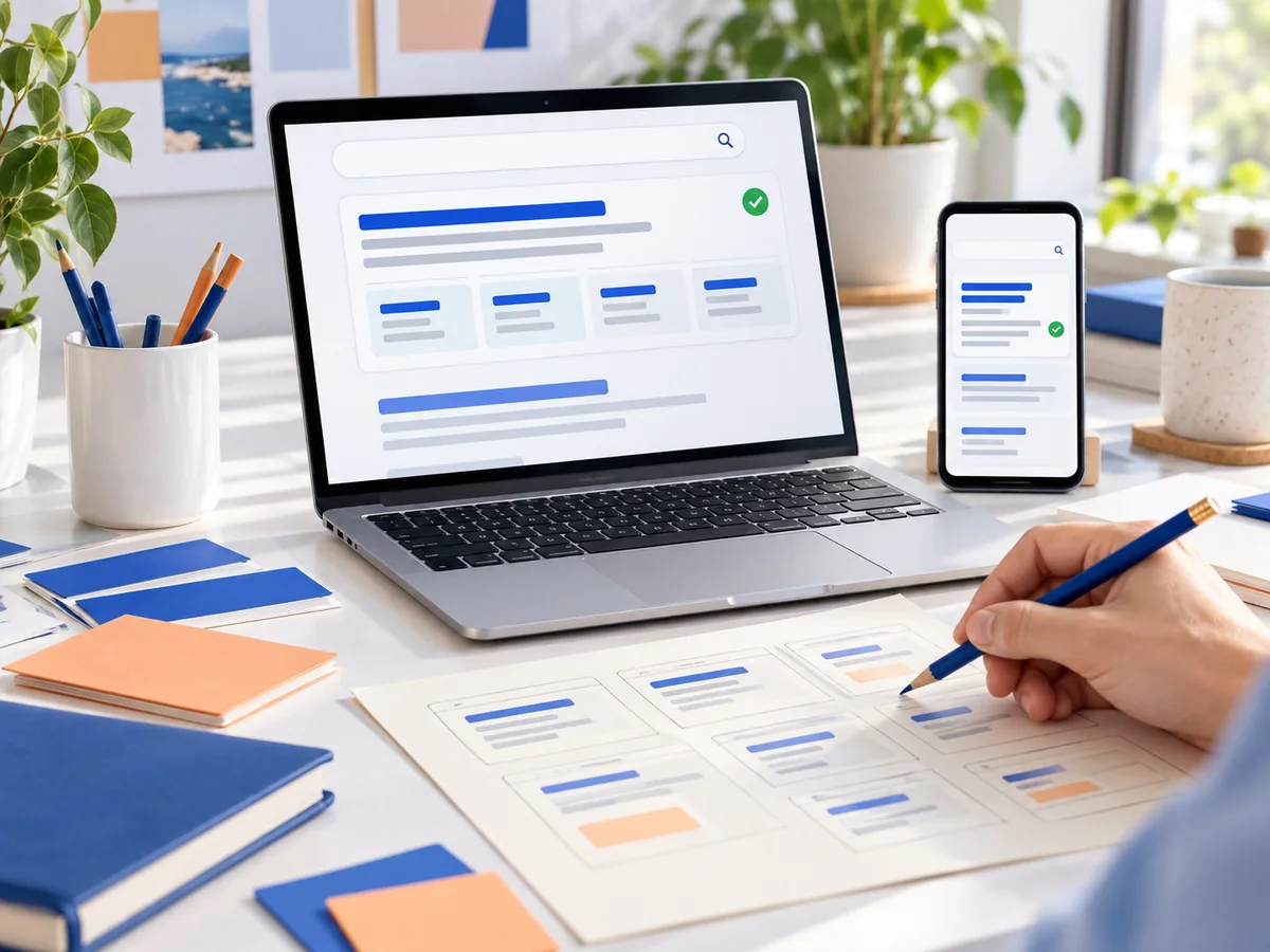 Google Ads reklam metni ve site bağlantısı taslaklarının dizüstü bilgisayar, telefon ve kâğıt üzerinde incelenmesi