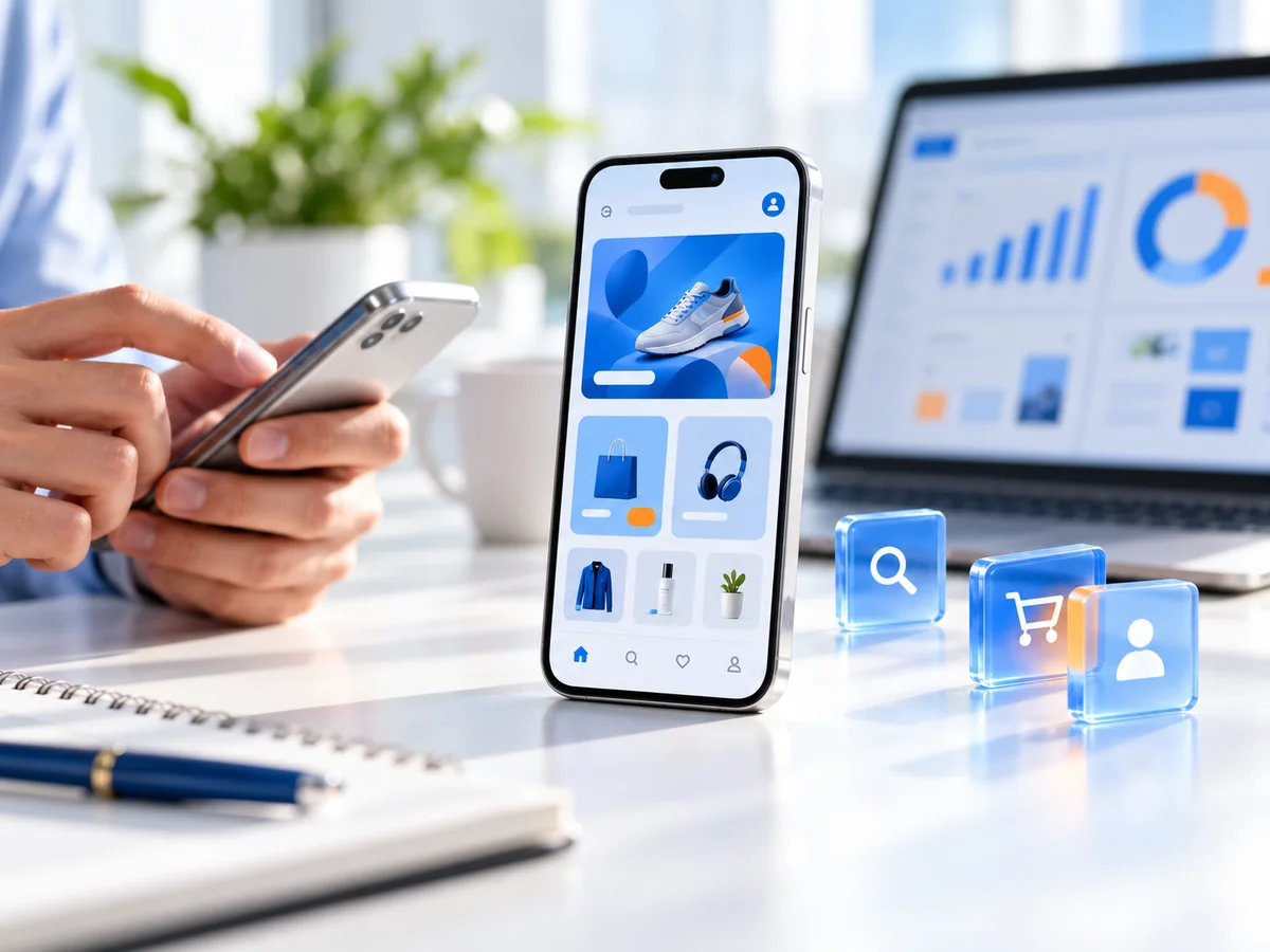 Mobil uygulama reklam yönetimini temsil eden telefon ekranı, kullanıcı simgeleri ve analiz ekranı bulunan aydınlık çalışma masası