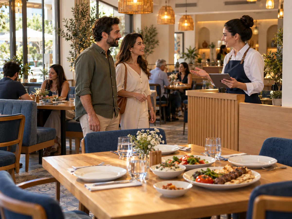 Aydınlık bir restoranda iki misafiri karşılayan görevli ve ön planda yemek servisine hazırlanmış masa