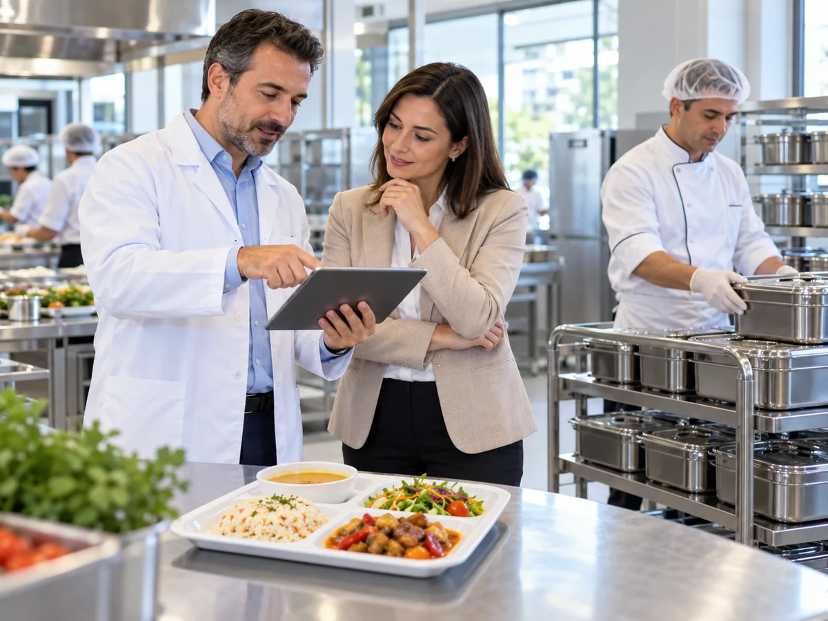 Aydınlık catering mutfağında kurumsal yemek planını görüşen iki kişi, taşıma kaplarını hazırlayan aşçı ve örnek öğün