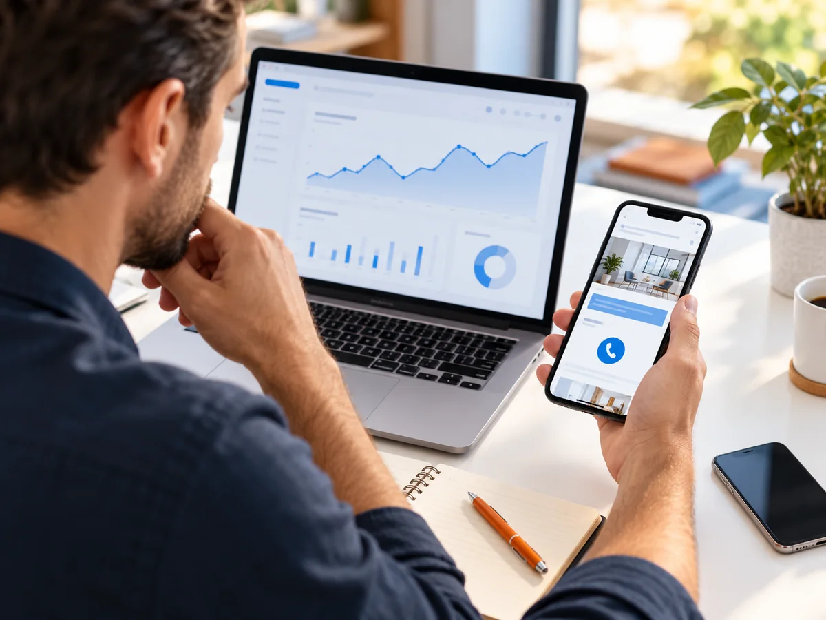 Mobil sitedeki arama düğmesini ve reklam raporunu karşılaştıran işletme sahibi; temsili görsel