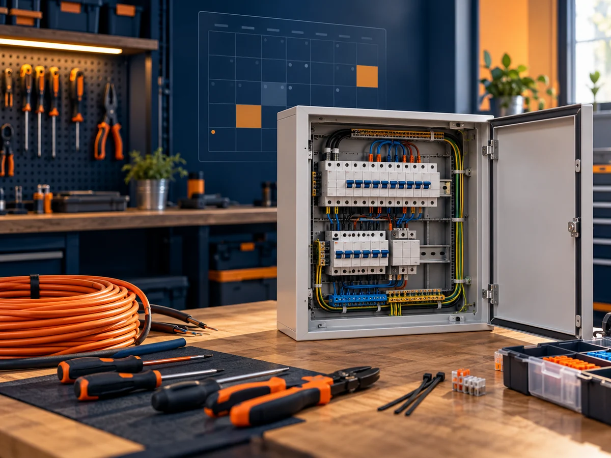 Elektrikçi atölyesinde güvenli çalışma tezgâhı, elektrik panosu ve düzenli el aletleri