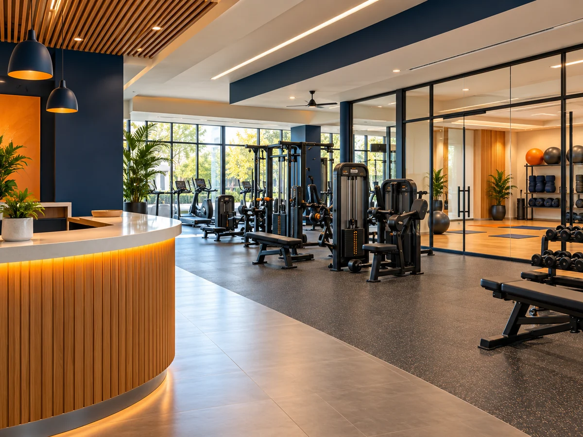 Aydınlık spor salonunda düzenli fitness ekipmanları ve grup ders alanı