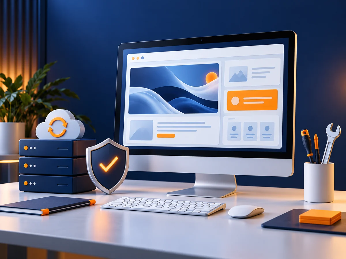 Web sitesi ekranının yanında yedekleme katmanları ve koruma simgesiyle bakım çalışma alanı