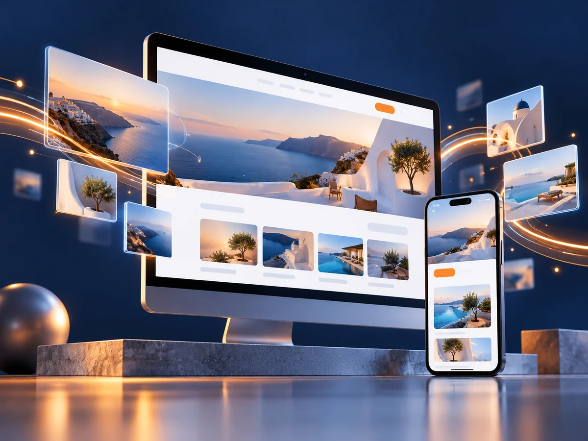 Hızlı yüklenmeyi temsil eden hafif görsel panelleriyle masaüstü ve mobil web sitesi