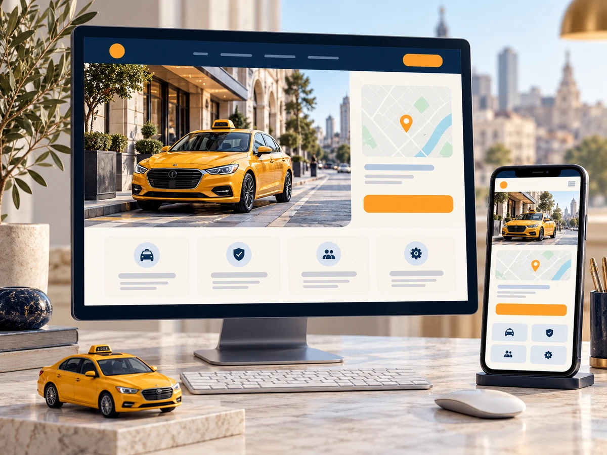 Taksi durağı web sitesi konseptini masaüstü ve telefonda gösteren temsili görsel