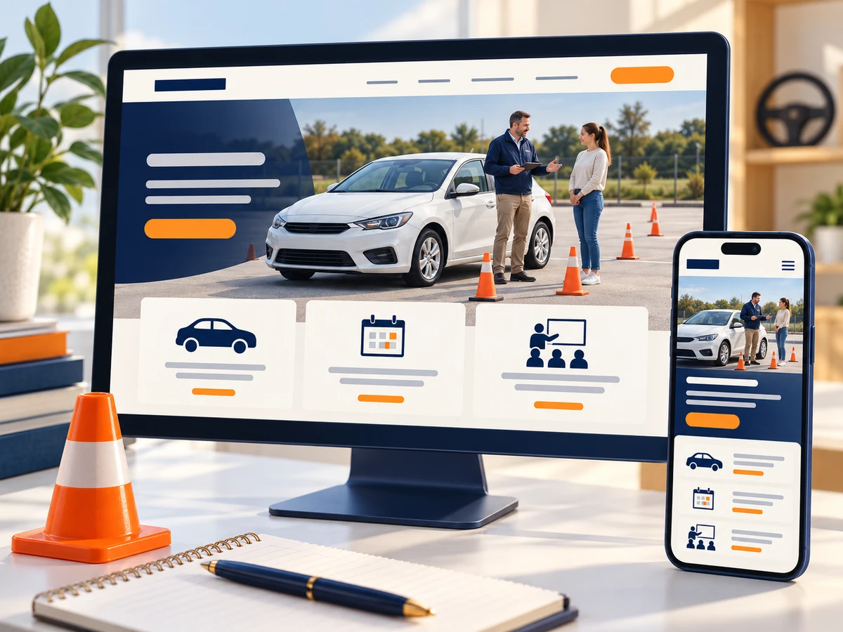 Sürücü kursu web sitesi konseptini ekranlarda gösteren eğitim aracı ve koniler içeren temsili görsel