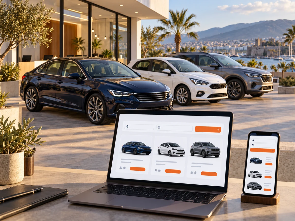 Kiralık araç filosu ve tarih ile teslim noktası arayüzünü gösteren temsili web tasarımı