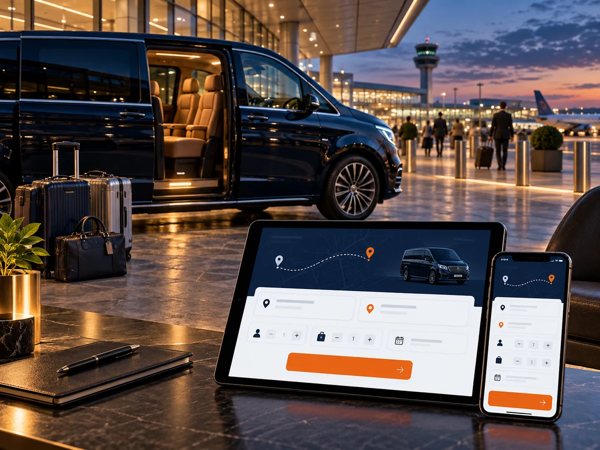 Havalimanında transfer aracı ve güzergâh talep arayüzünü gösteren temsili web tasarımı