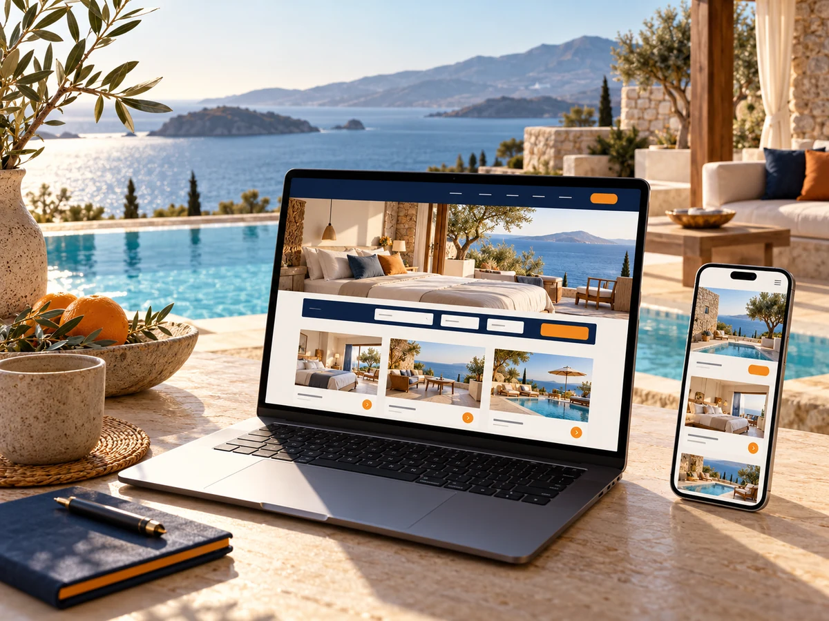 Deniz manzaralı otel terasında oda kartları gösteren dizüstü ve telefonla temsili web tasarımı