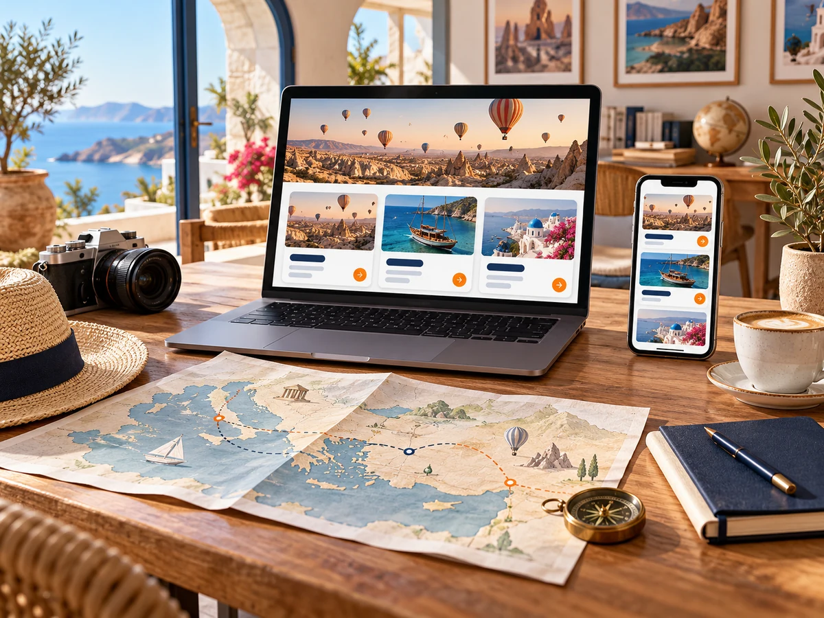 Tur kartları ve rota planı bulunan dizüstü ve telefonla temsili seyahat acentesi web tasarımı