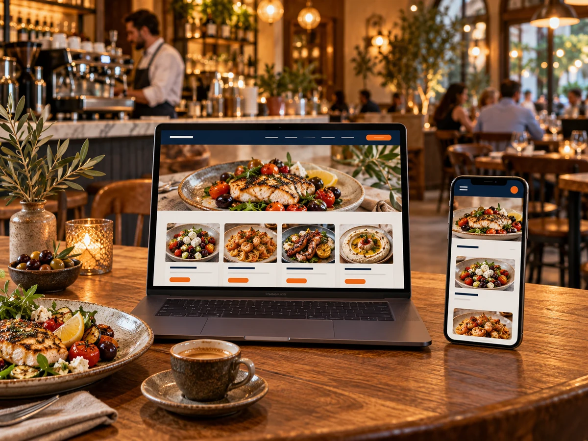 Restoran ortamında dijital menü arayüzlü dizüstü ve telefonun yer aldığı temsili web tasarımı