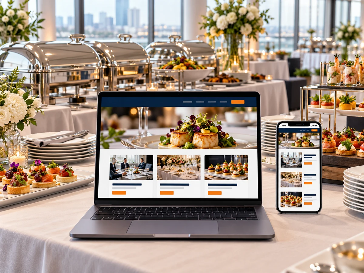Catering sunumu önünde hizmet kartları gösteren dizüstü ve telefonla temsili web tasarımı