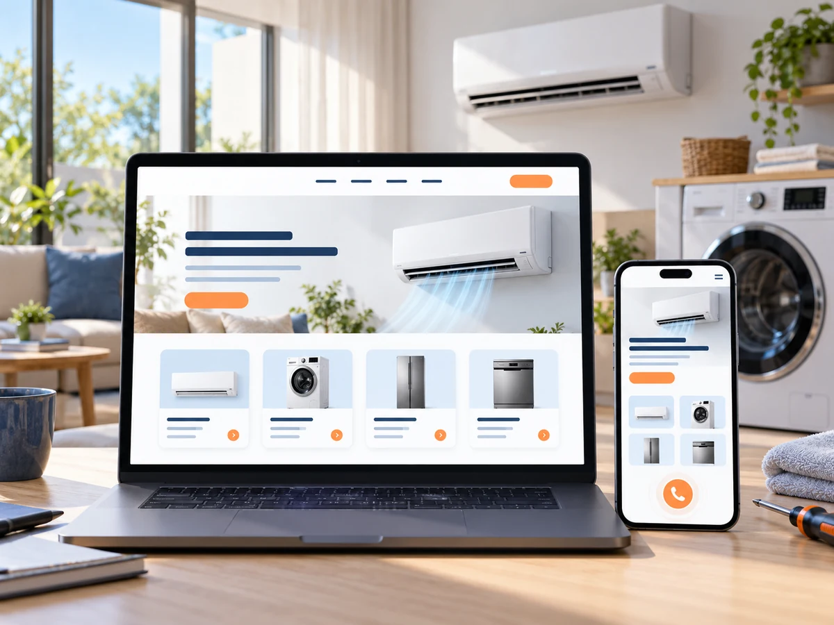 Klima ve çamaşır makinesi yanında servis arayüzünü gösteren temsili web sitesi tasarımı