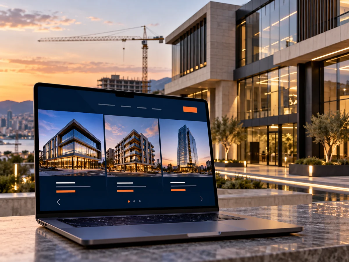 İnşaat projesi ve proje portföyü arayüzünü bir arada gösteren temsili web tasarımı