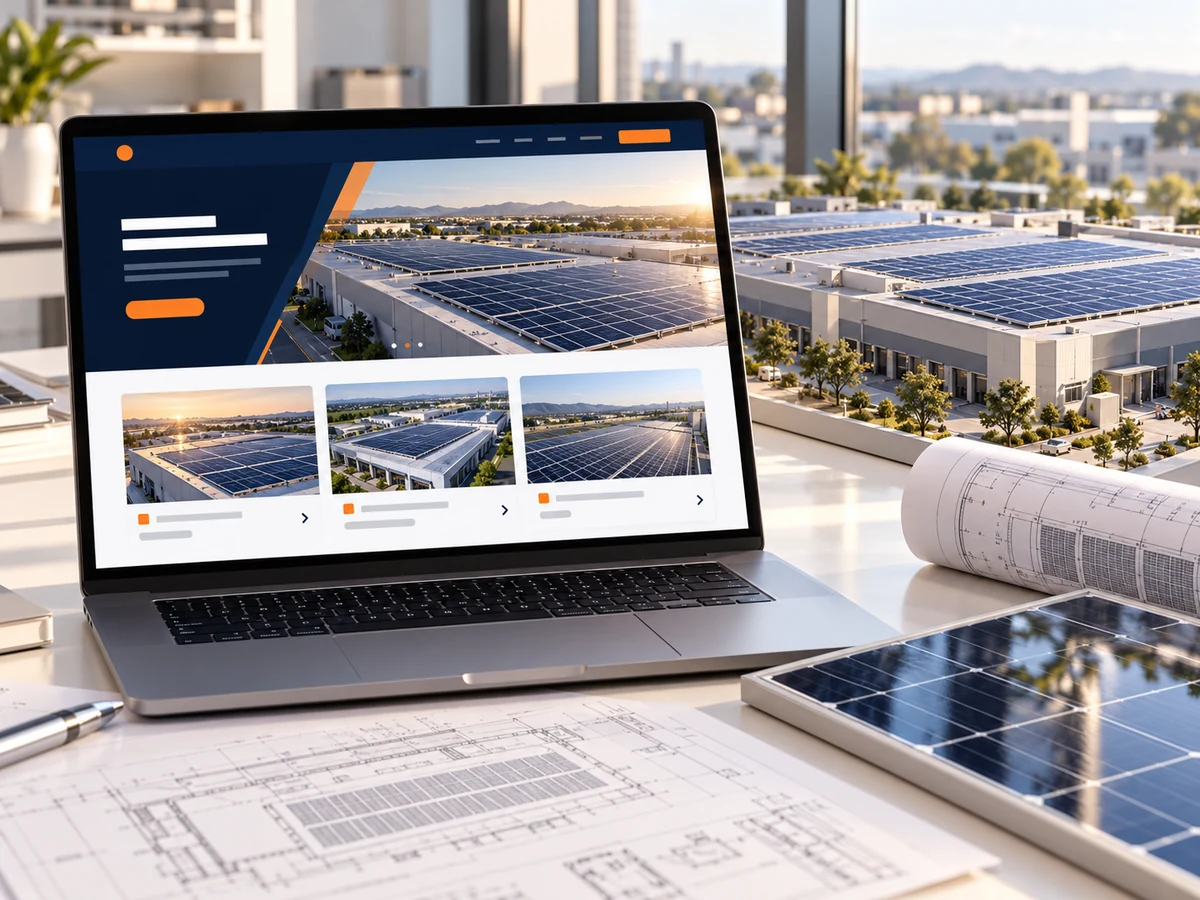 Çatı güneş panelleri ve GES proje portföyü arayüzünü gösteren temsili web tasarımı