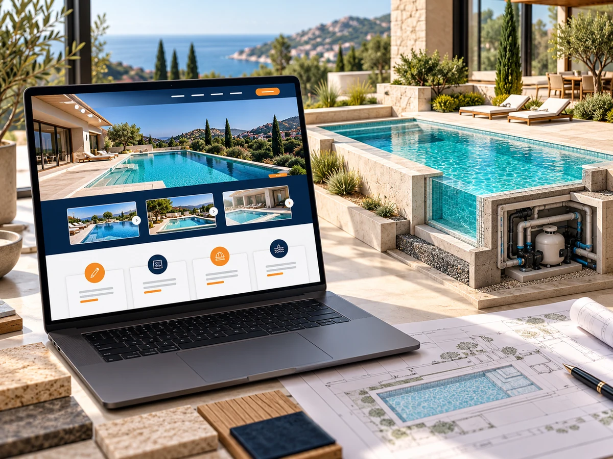 Havuz proje modeli ve uygulama galerisi arayüzünü gösteren temsili web tasarımı