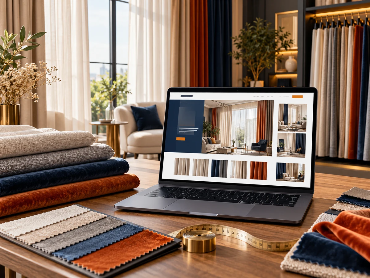 Perde kumaşları ve ürün kataloğu arayüzünü gösteren temsili web sitesi tasarımı