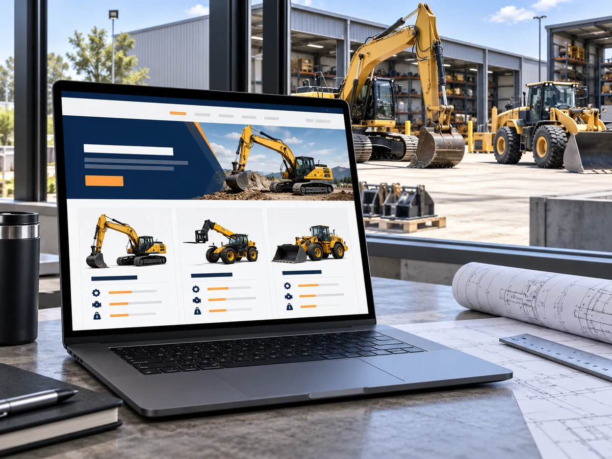 İş makineleri ve teknik katalog arayüzünü gösteren temsili kiralama web sitesi tasarımı