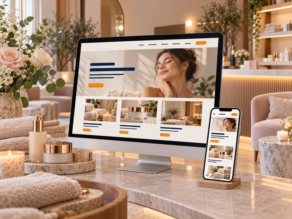 Güzellik salonunda kozmetik ürünler ve temsili web sitesi gösteren bilgisayar ile telefon