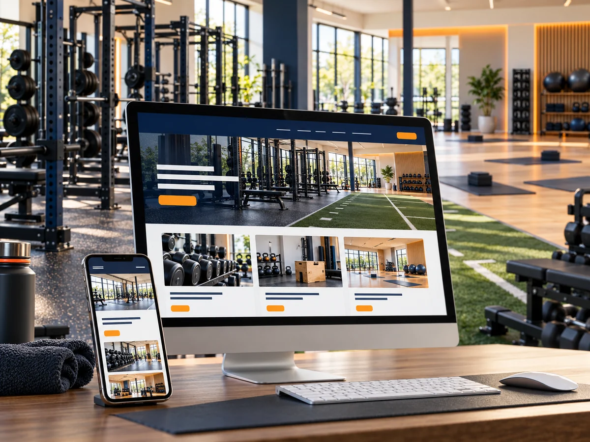Spor salonunda antrenman ekipmanları ve temsili üyelik sitesi gösteren bilgisayar ile telefon