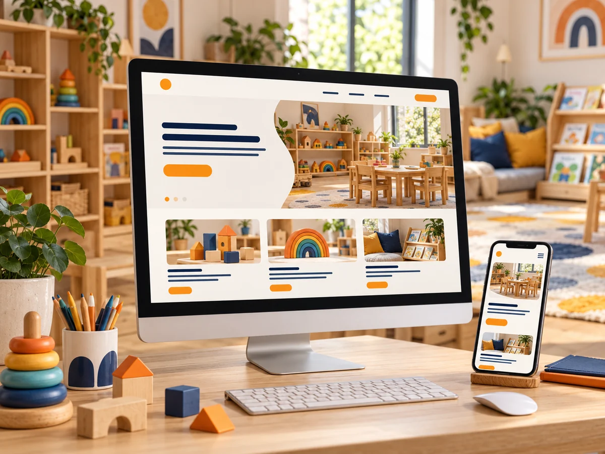 Çocuksuz anaokulu oyun alanında ahşap oyuncaklar ve temsili web sitesi gösteren bilgisayar