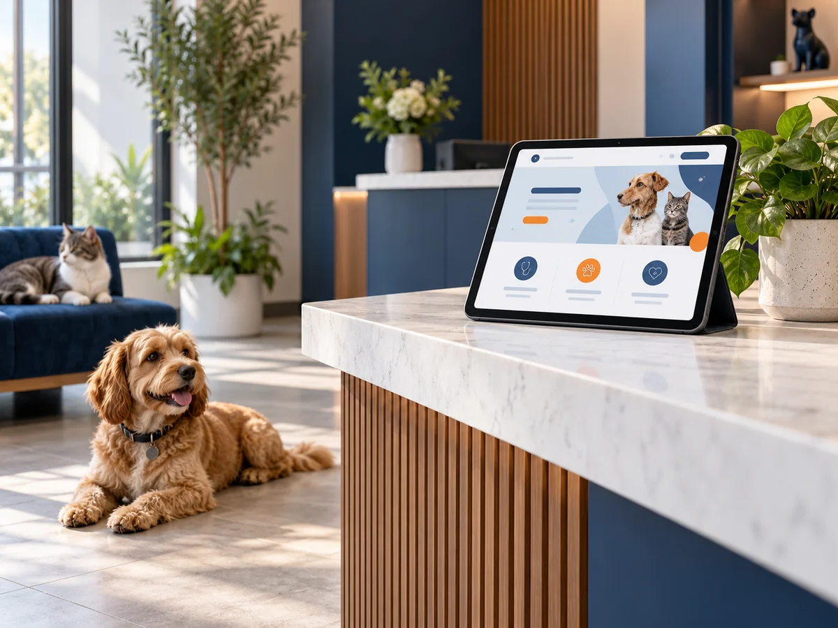 Veteriner kliniği ortamında kedi, köpek ve temsili web sitesi arayüzü gösteren tablet