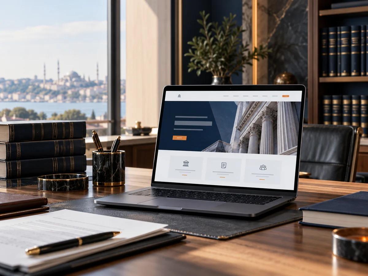 Hukuk bürosu masasında kitaplar ve temsili bilgilendirme sitesi gösteren dizüstü bilgisayar