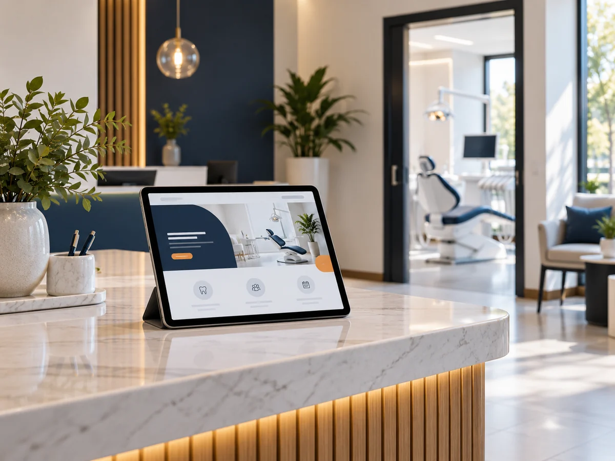 Diş kliniği resepsiyonunda temsili web sitesi arayüzü gösteren tablet