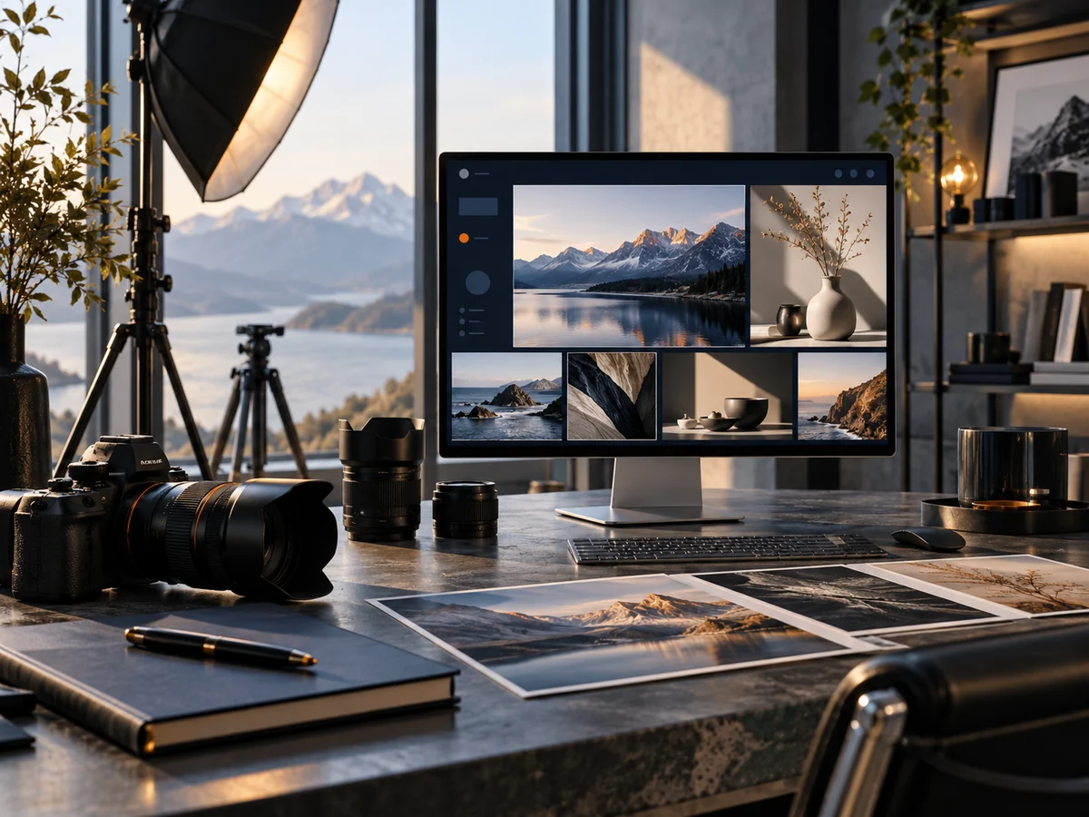 Fotoğraf stüdyosunda kamera ekipmanları ve temsili portföy sitesi gösteren monitör