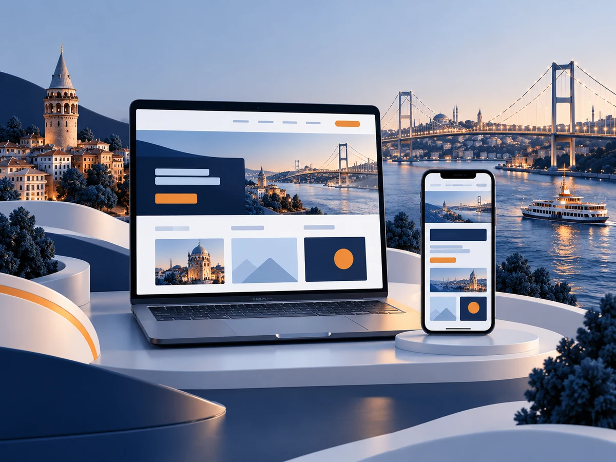 İstanbul silüeti önünde bilgisayar ve telefonda duyarlı web sitesi arayüzlerini gösteren temsili tasarım