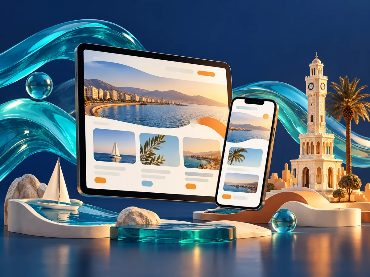 İzmir Saat Kulesi ve kıyıdan esinlenen temsili sahnede tablet ve telefonda web sitesi arayüzleri