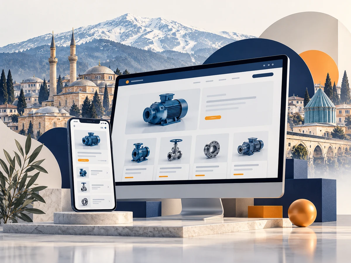 Bursa silüeti ve dağ manzarasıyla ürün kataloğunu bilgisayar ve telefonda gösteren temsili web tasarım görseli