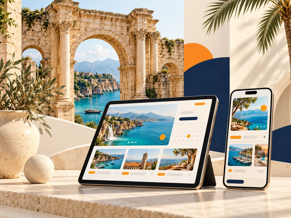 Antalya’yı çağrıştıran kıyı ve tarihi kemer önünde tablet ve telefonda temsili web sitesi arayüzleri