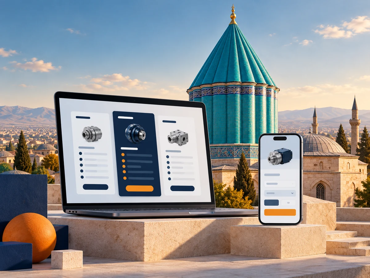 Konya’yı çağrıştıran turkuaz kubbe önünde bilgisayar ve telefonda teknik ürün arayüzlerini gösteren temsili tasarım
