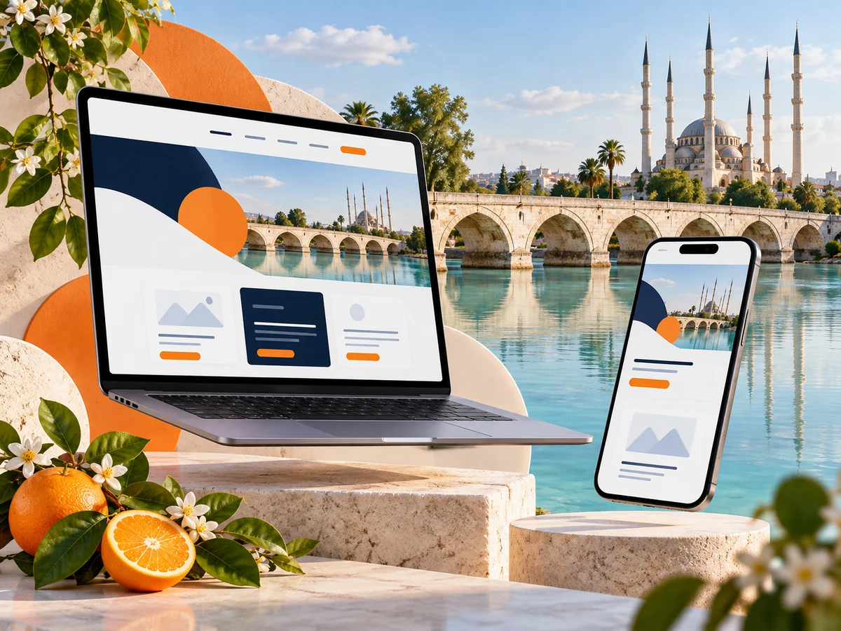 Adana’yı çağrıştıran köprü ve nehir önünde bilgisayar ve telefonla temsili web tasarımı
