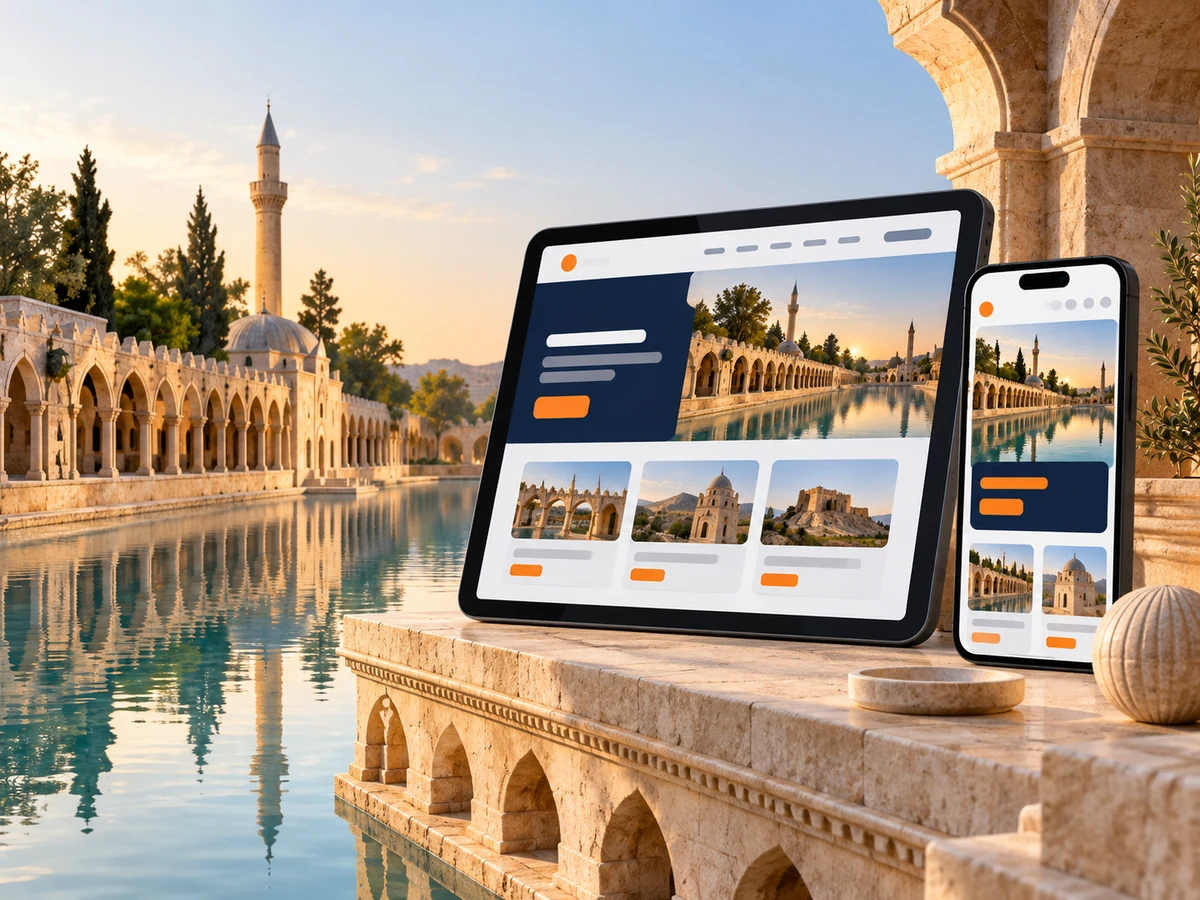 Şanlıurfa taş mimarisini çağrıştıran havuz ve kemerlerle tablet ve telefon üzerinde temsili web tasarımı