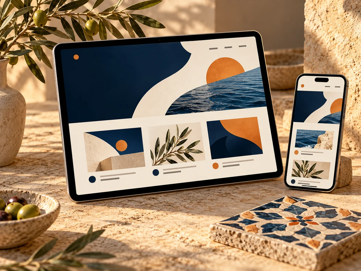 Taş yüzeyde, kurumsal web arayüzleri gösteren tablet ve telefonla hazırlanmış temsili web tasarım kompozisyonu