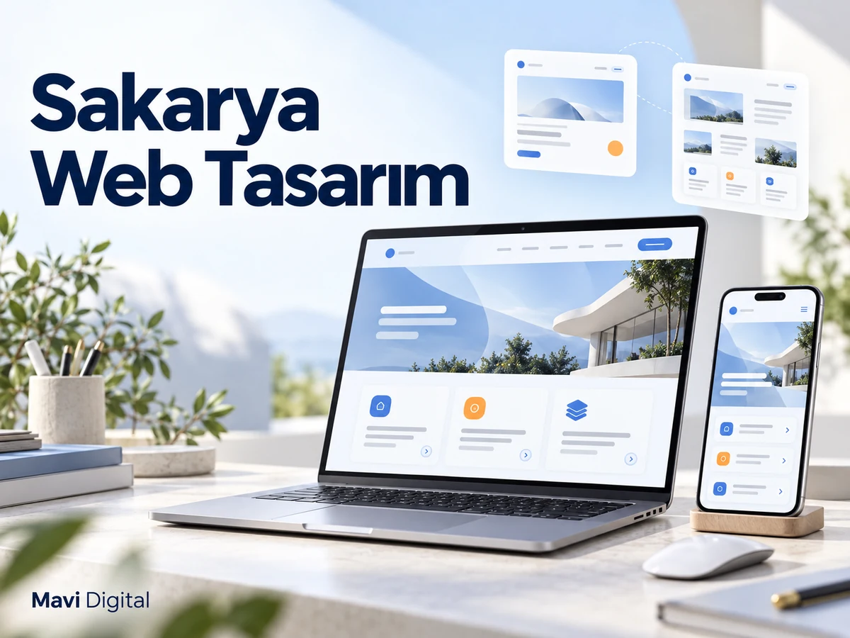 Sakarya Web Tasarım başlığı, dizüstü bilgisayar ve telefonda örnek web sitesi arayüzleri