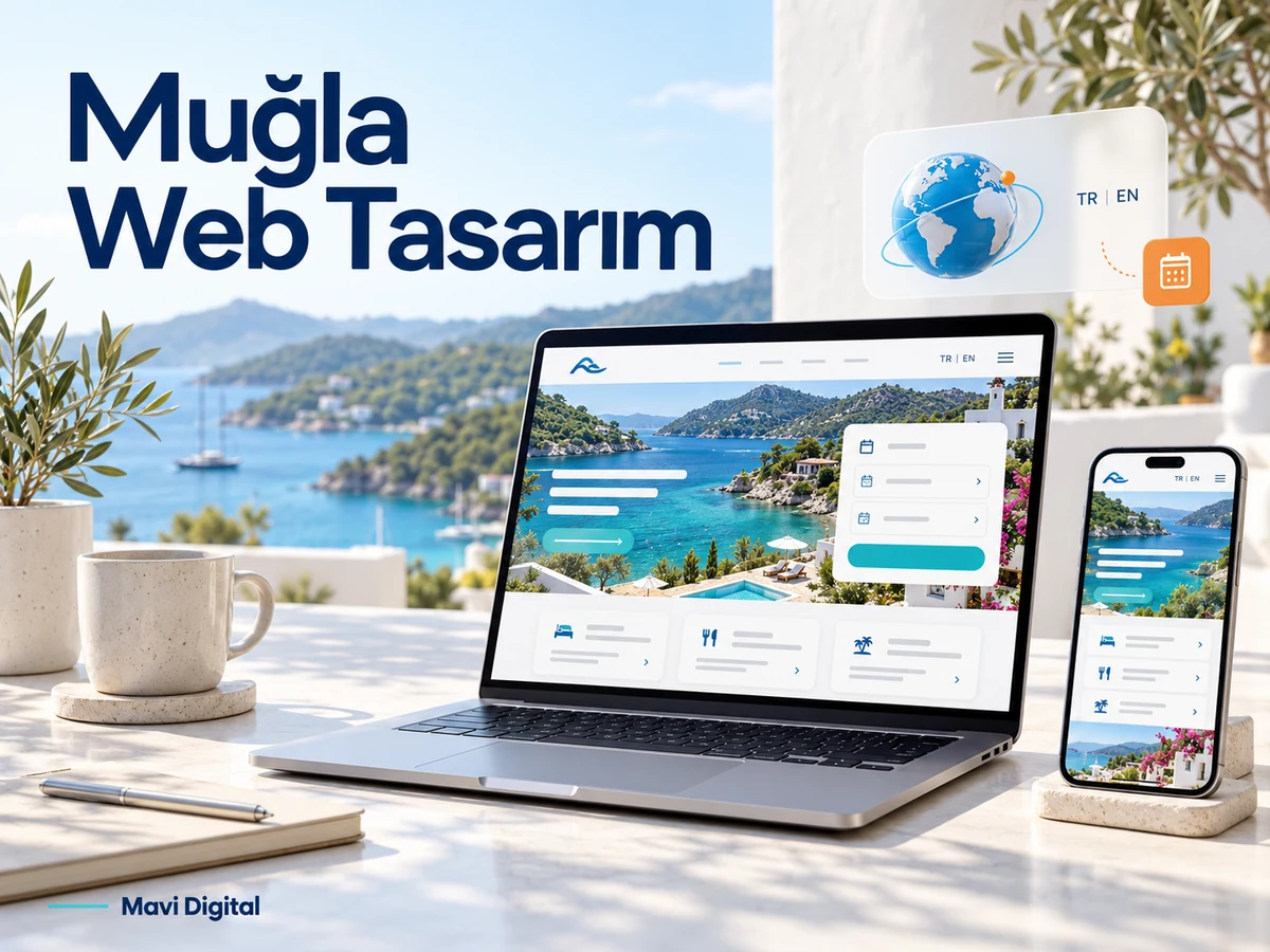 Muğla Web Tasarım başlığıyla dizüstü bilgisayar ve telefonda Türkçe İngilizce seçenekli örnek web sitesi