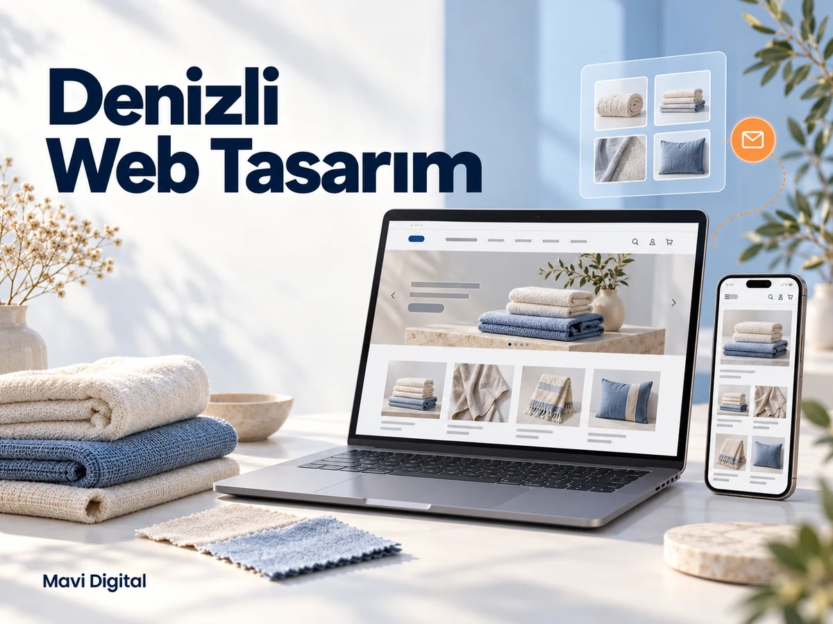 Denizli Web Tasarım başlığıyla dizüstü bilgisayar ve telefonda tekstil ürün kataloğu örneği