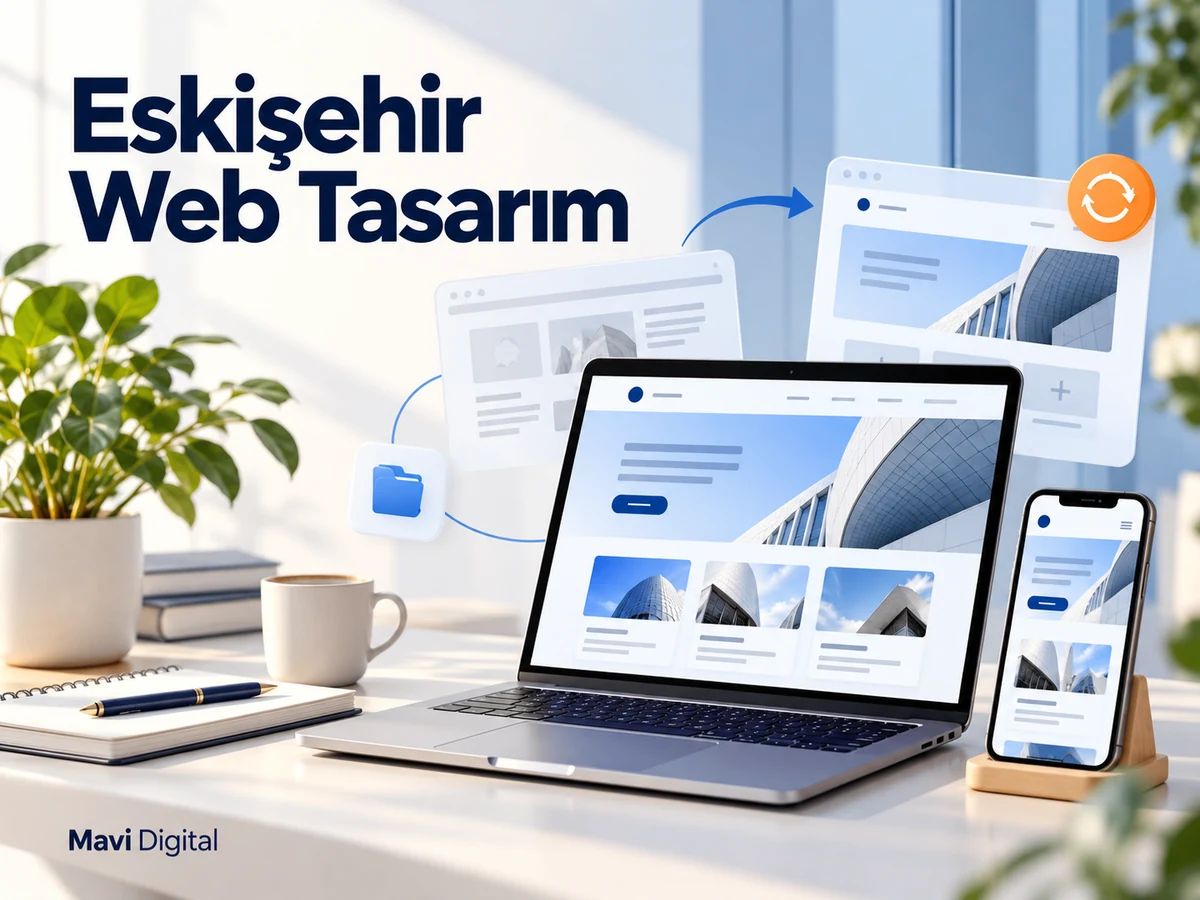 Eskişehir Web Tasarım başlığıyla dizüstü bilgisayar, telefon ve site yenilemeyi temsil eden arayüzler